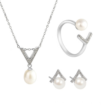 Sterling Silver Pearl Earrings Jewelry Set For Women